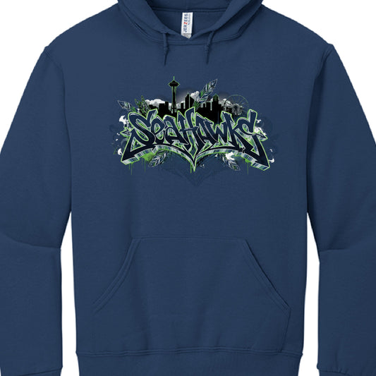 Navy blue hoodie with 'Sehawks' graphic design on a white background