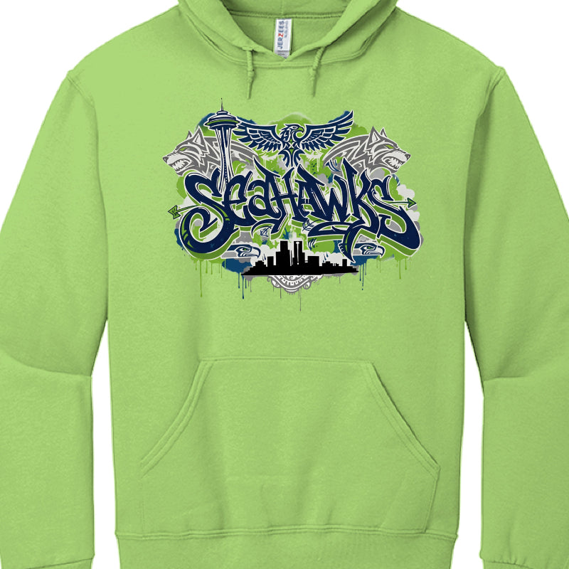 Green hoodie with 'Seahawks' graphic design on a white background