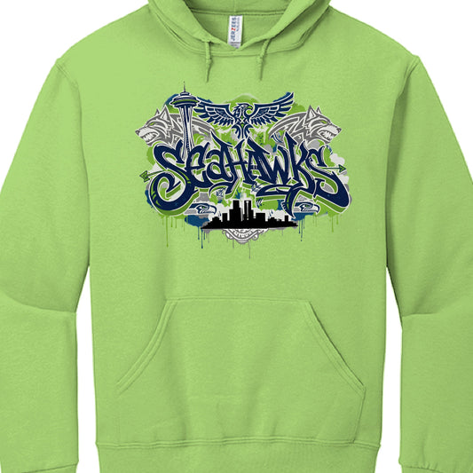 Green hoodie with 'Seahawks' graphic design on a white background