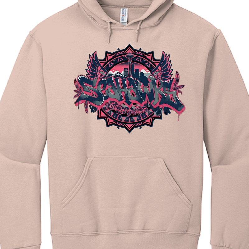 Beige hoodie with a colorful graphic design on a white background