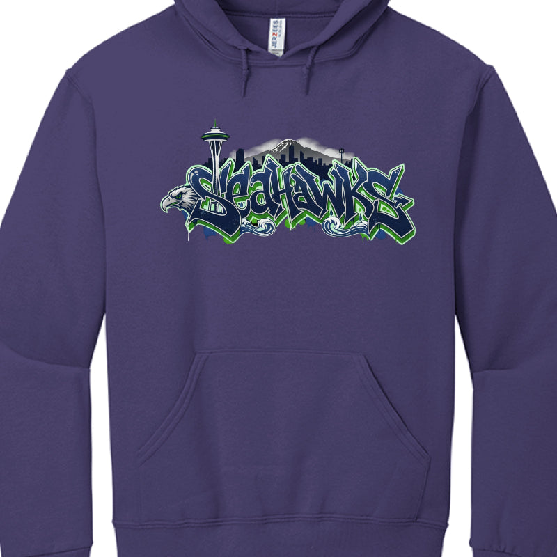 Purple hoodie with 'Seahawks' logo featuring the Space Needle.