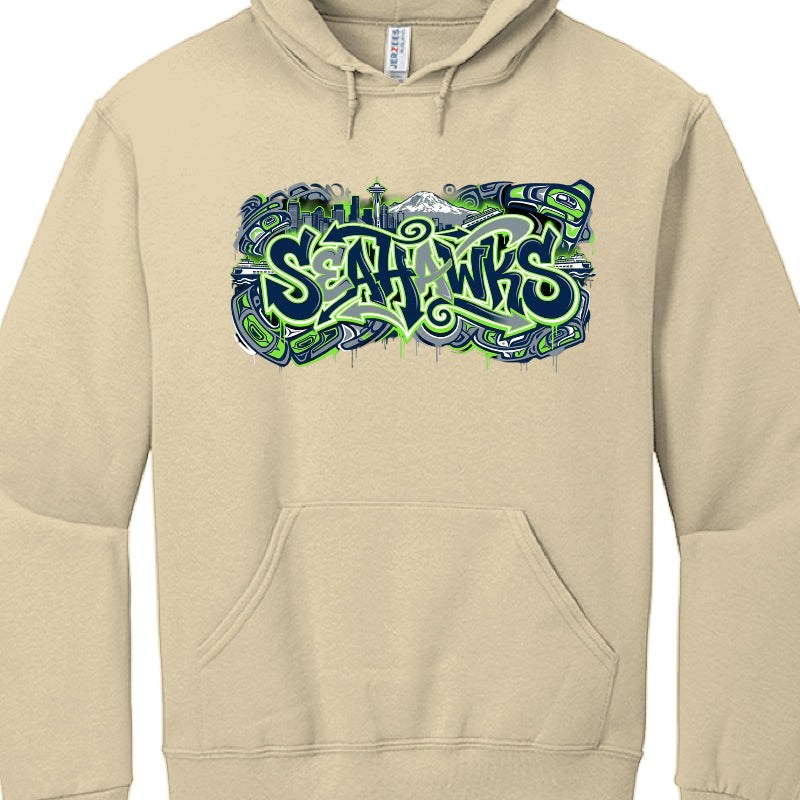 Beige hoodie with 'Seahawks' graphic design on a white background