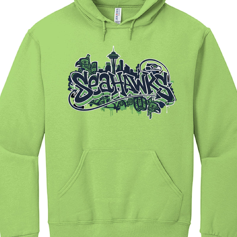 Green hoodie with 'Seahawks' logo on a white background