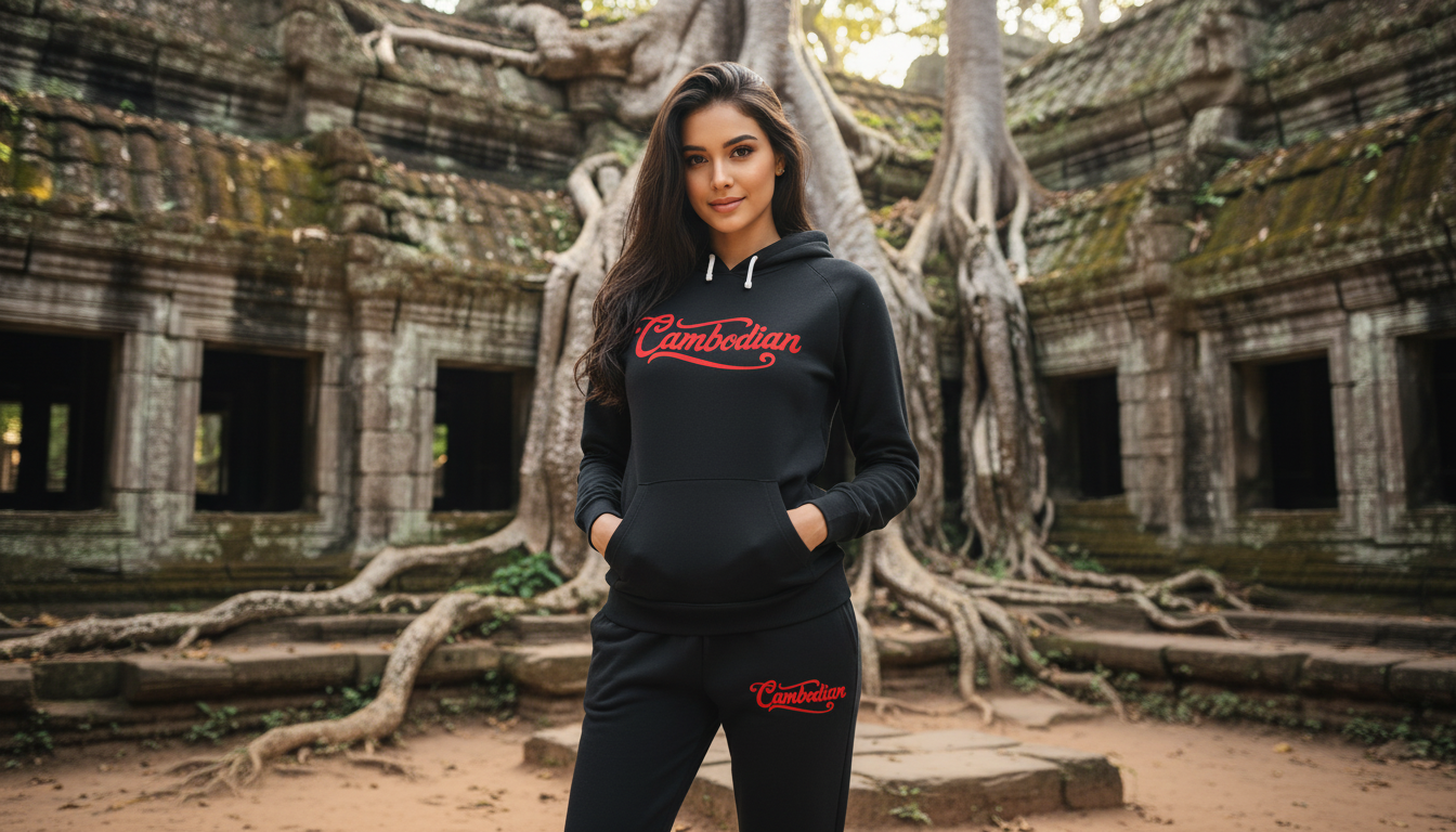 Woman wearing a black hoodie with red text standing in front of ancient temple ruins.