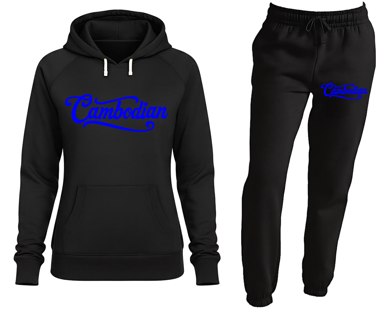 Black hoodie and pants set with blue 'Camelback' logo on a white background