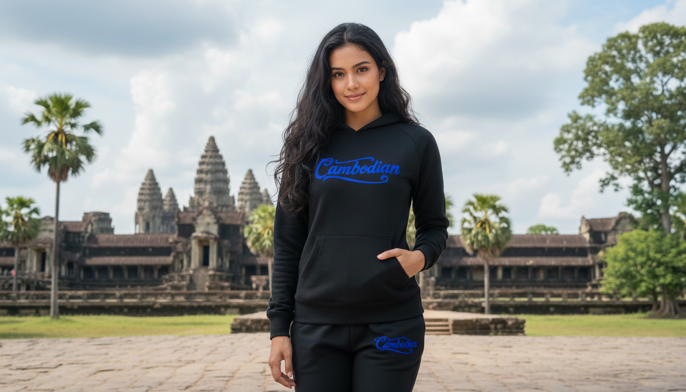 Person wearing a black hoodie with blue text in front of Angkor Wat.