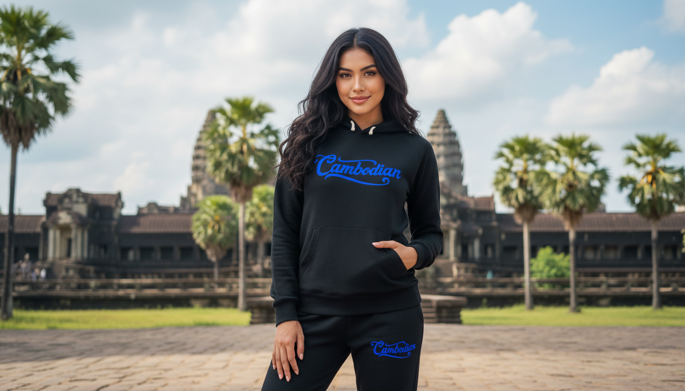 Woman wearing a black hoodie with blue text in front of Angkor Wat.