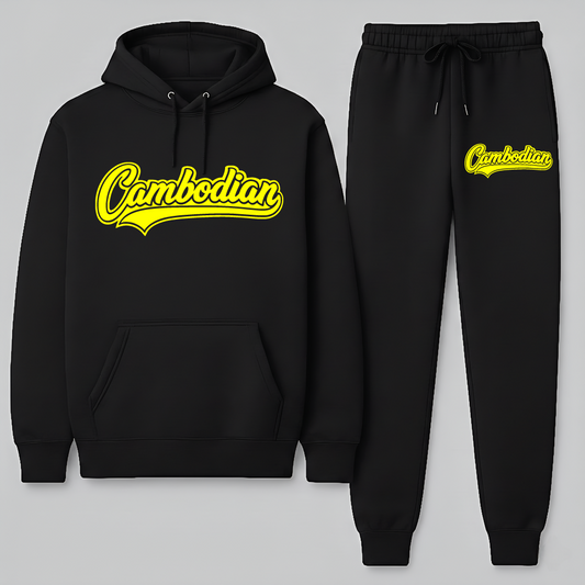 Black hoodie and jogger pants set with 'Cambodian' text on a gray background