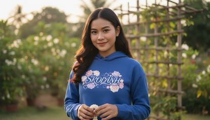 Woman wearing a blue hoodie with floral designs and text, standing outdoors.