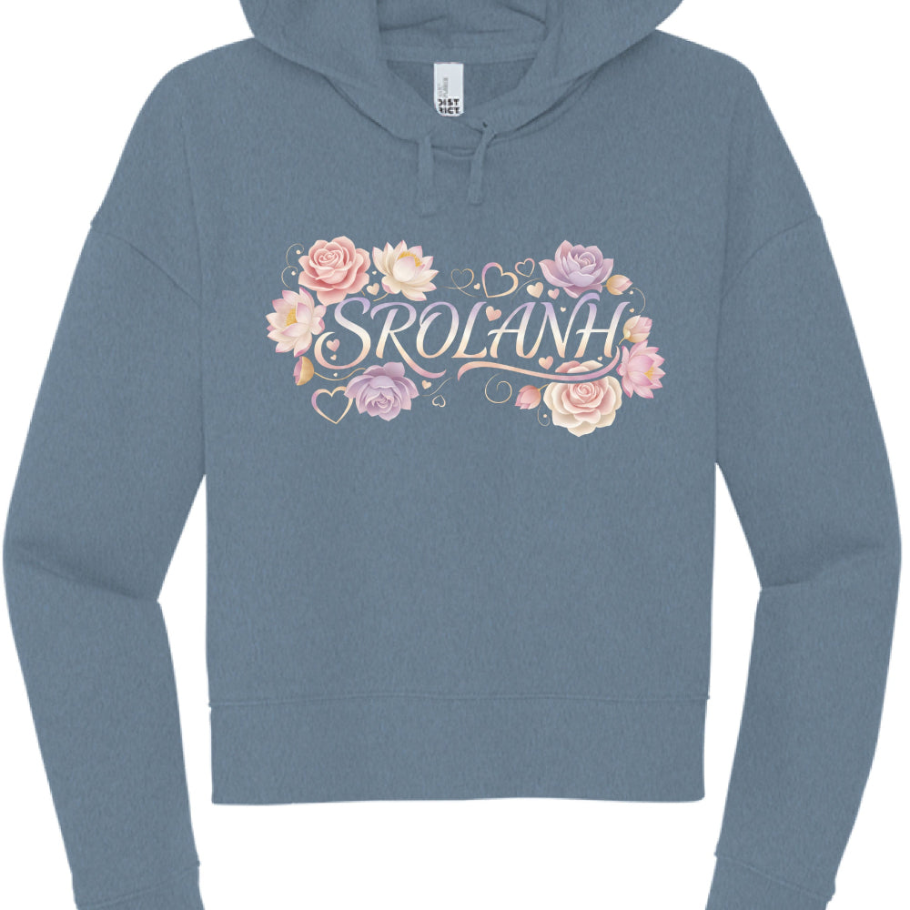 Blue hoodie with floral design and 'Srolanh' text on a white background