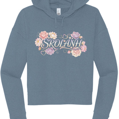 Blue hoodie with floral design and 'Srolanh' text on a white background