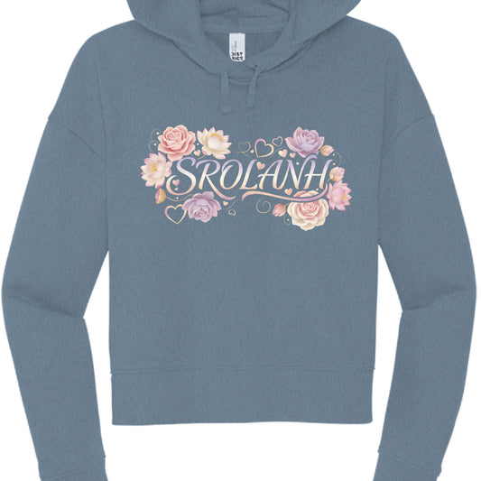 Blue hoodie with floral design and 'Srolanh' text on a white background