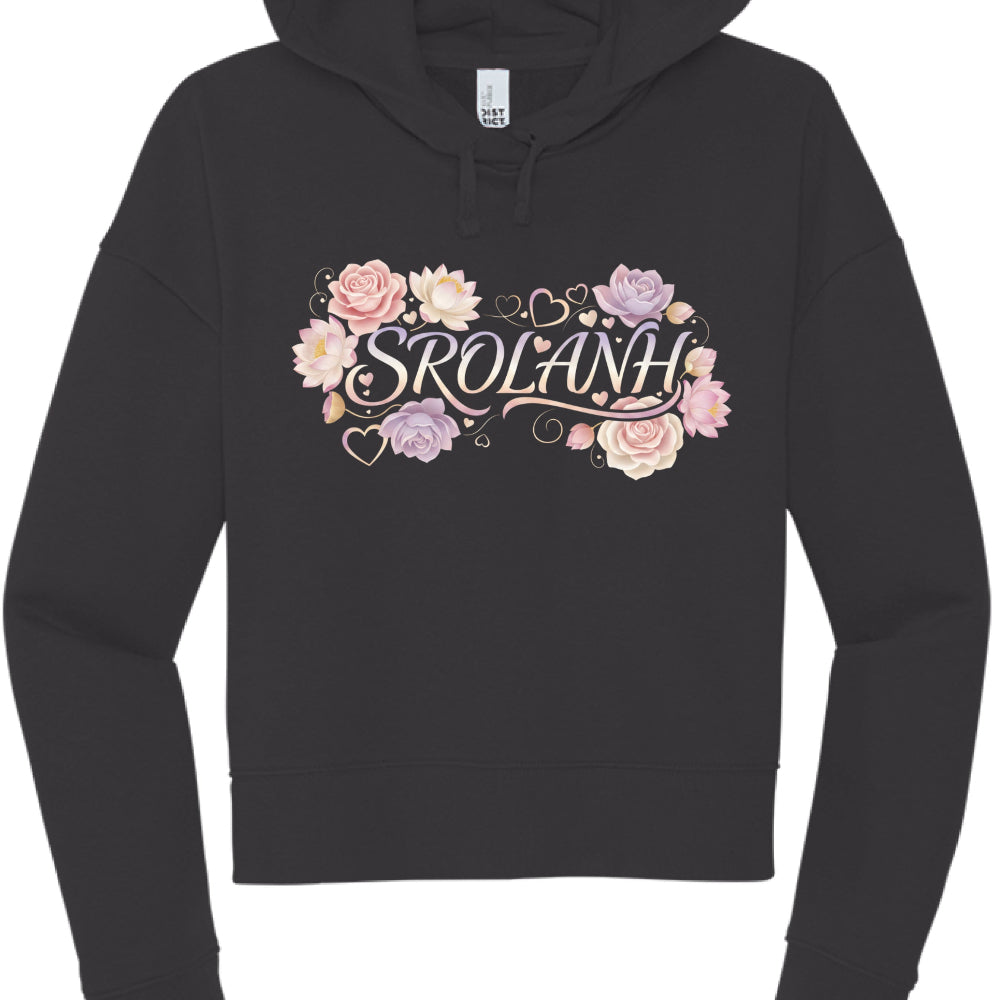 Black hoodie with floral design and 'Srolanh' text on a white background