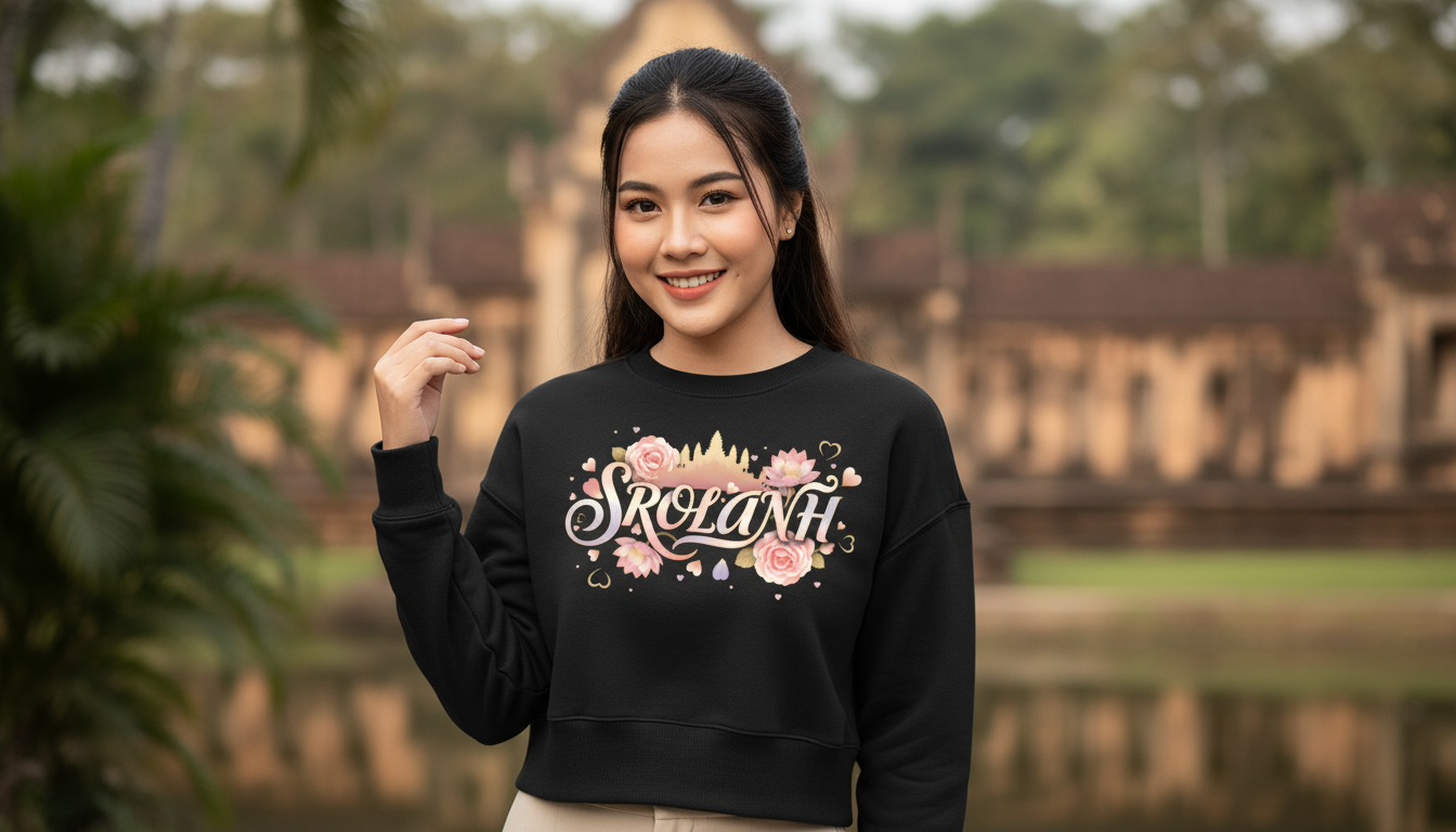 Woman wearing a black sweatshirt with 'Srolanh' design in an outdoor setting