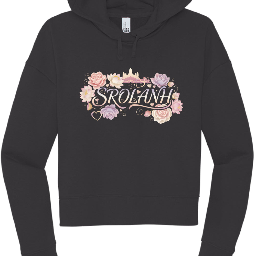 Black hoodie with floral design and 'Srolanh' text on a white background