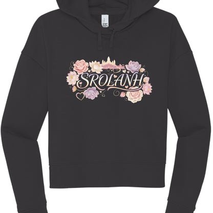 Black hoodie with floral design and 'Srolanh' text on a white background