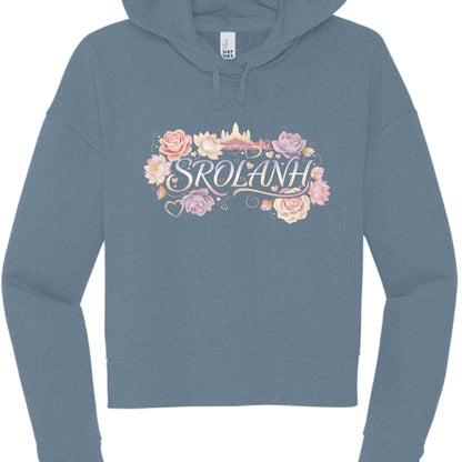 Blue hoodie with floral design and 'Srolanh' text on a white background