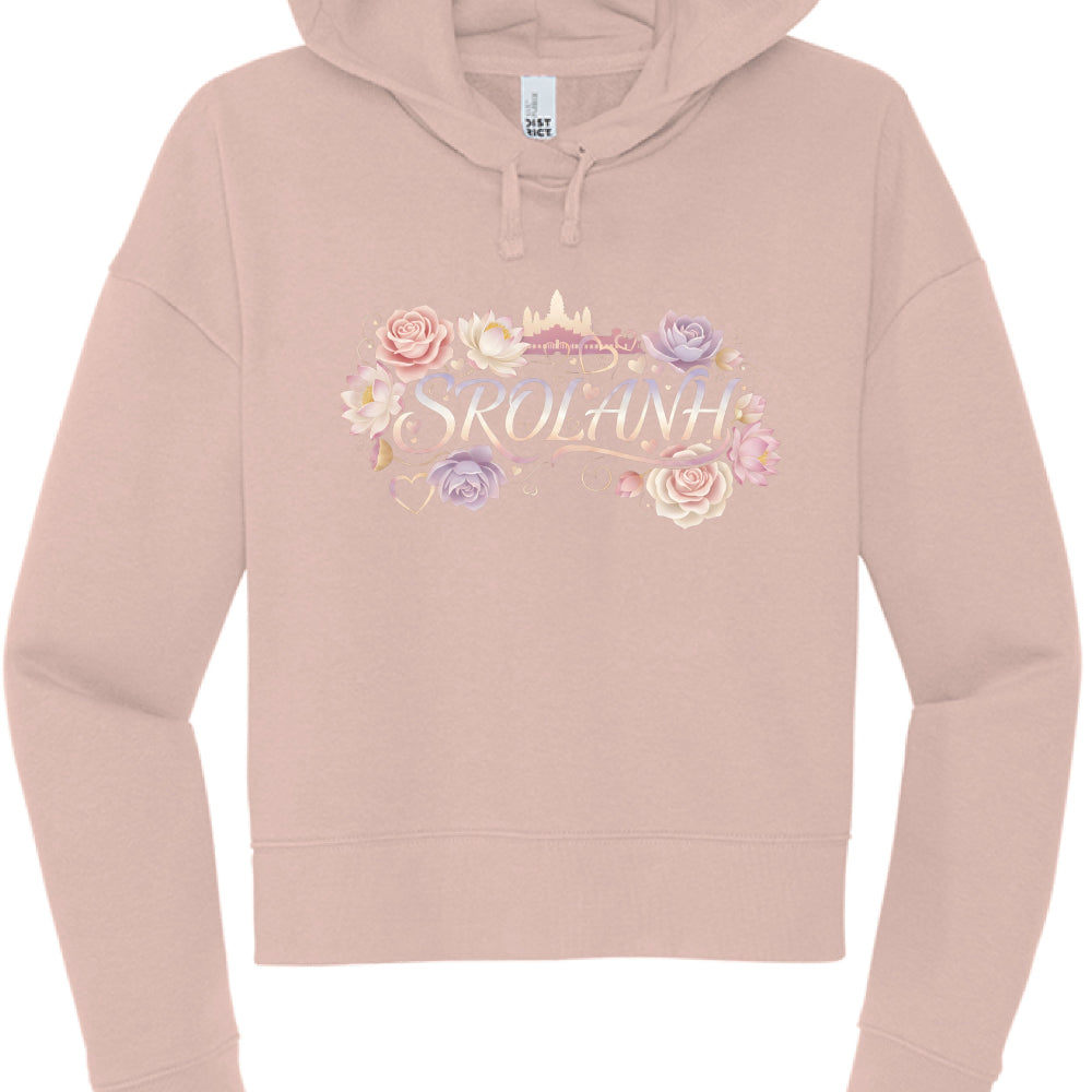 Pink hoodie with floral design and 'SKOLANH' text on a white background