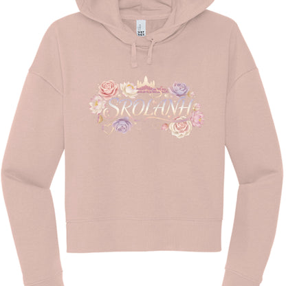Pink hoodie with floral design and 'SKOLANH' text on a white background