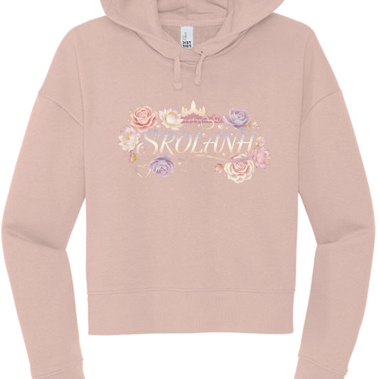 Pink hoodie with floral design and 'SKOLANH' text on a white background