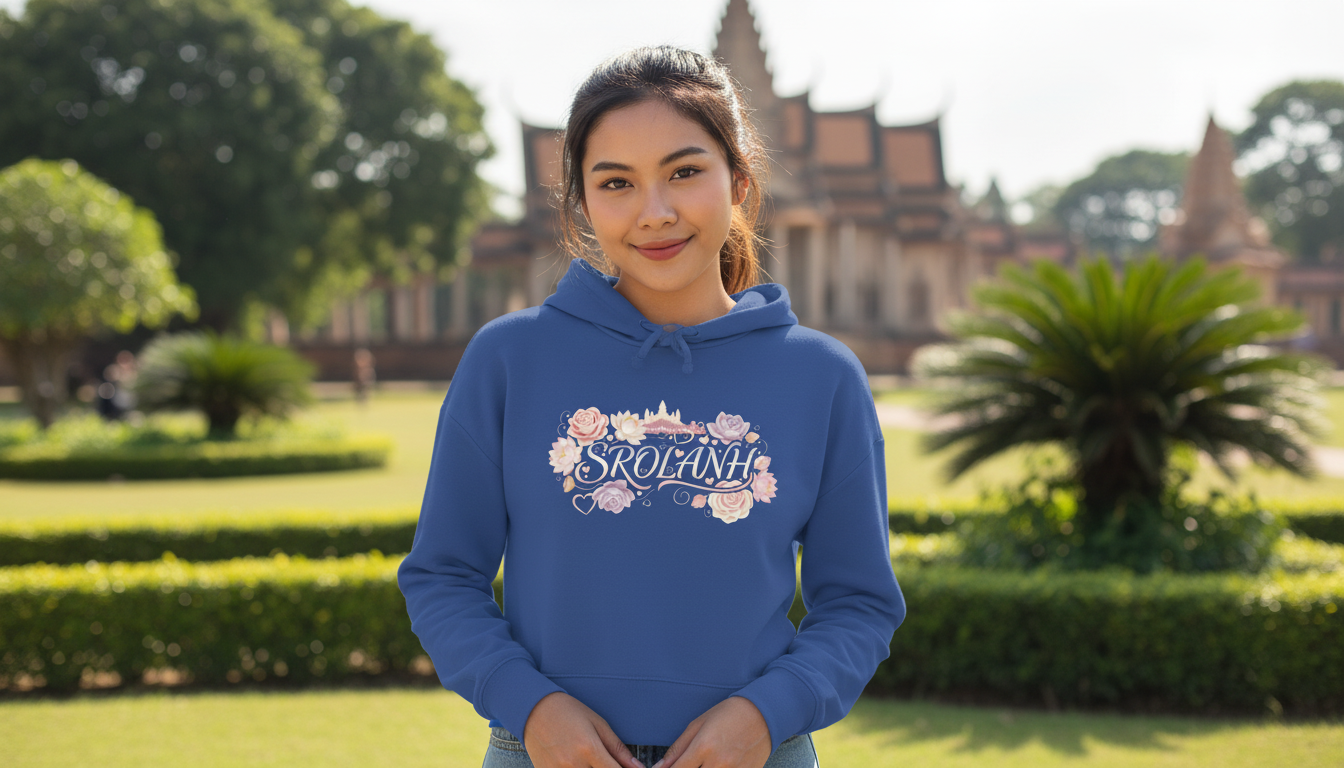 Person wearing a blue hoodie with floral text design in an outdoor setting