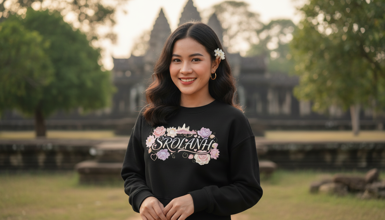 Woman wearing a black sweatshirt with floral designs and text, standing in front of a temple.