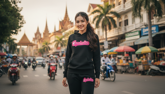 Woman in a black hoodie with pink text walking on a busy street with colorful umbrellas and traditional architecture.
