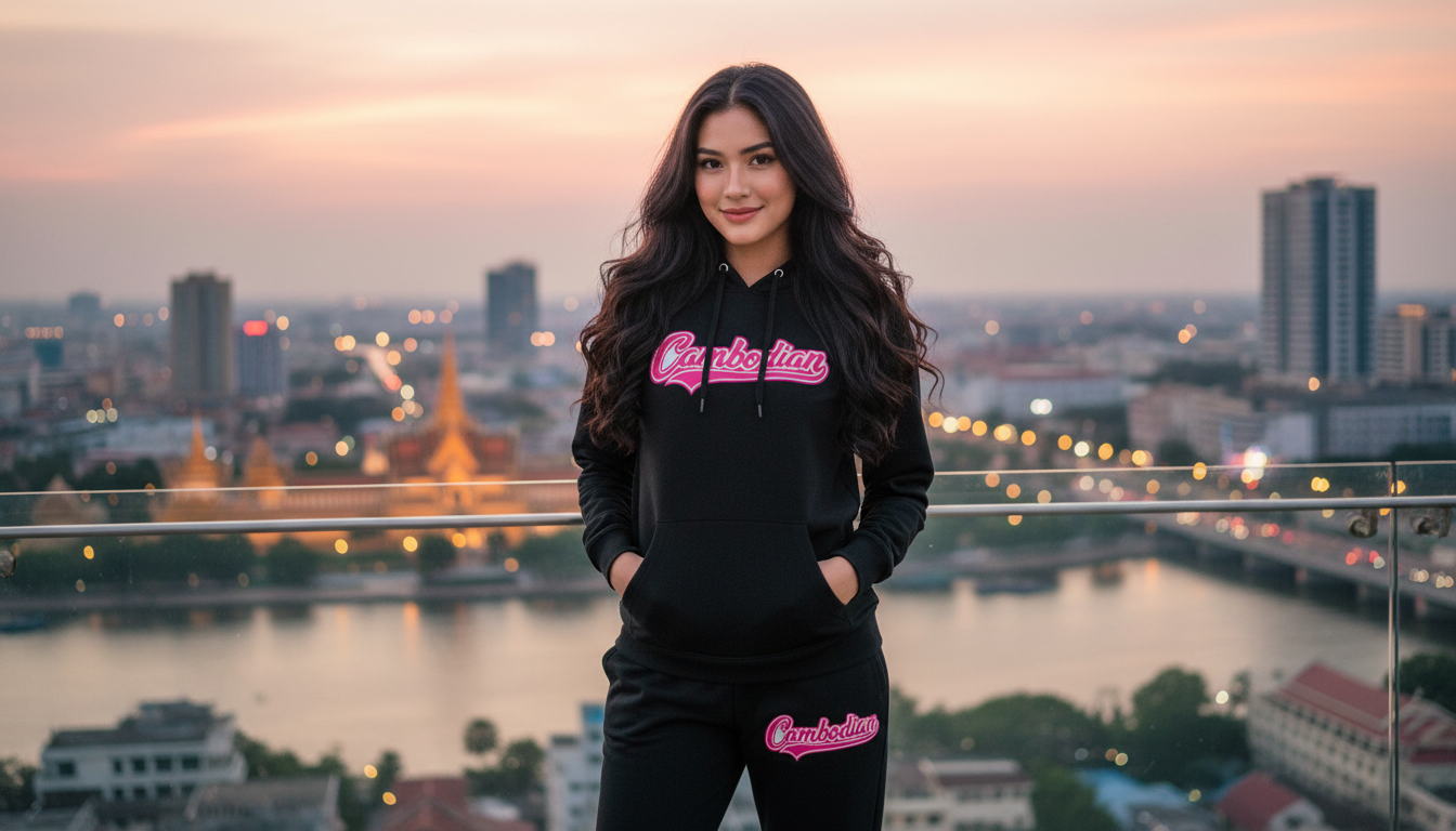 Woman wearing a black hoodie with pink text, standing on a rooftop with a cityscape and river in the background.