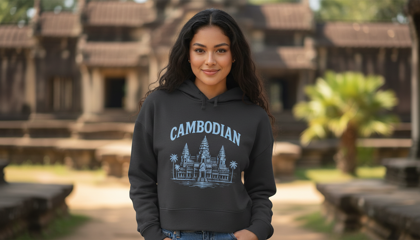 Woman wearing a hoodie with 'Cambodian' and Angkor Wat design in front of a temple.
