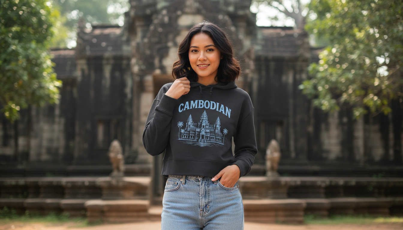 Woman wearing a black sweatshirt with 'Cambodian' text in front of a temple.