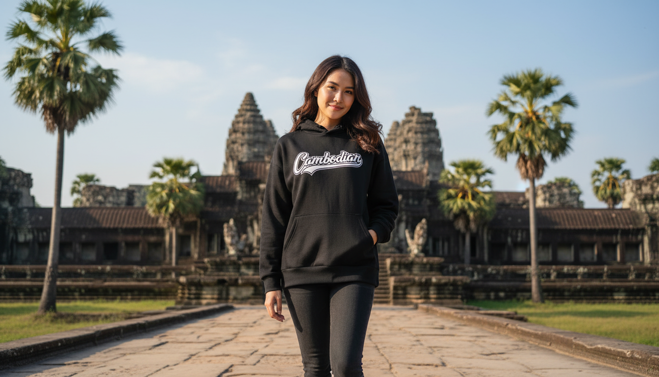 Woman in a black hoodie with 'Cambodian' text standing in front of Angkor Wat.