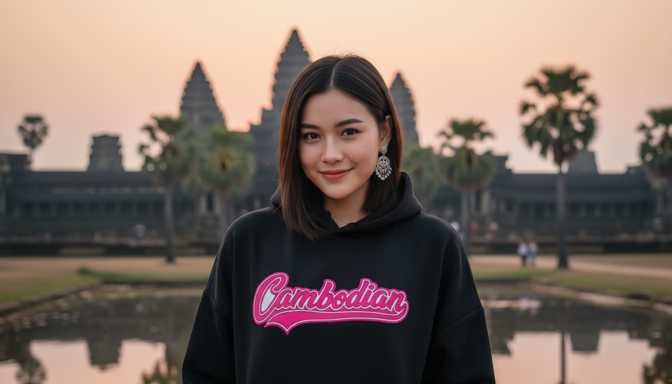 Woman wearing a black hoodie with 'Cambodian' in pink text, standing in front of Angkor Wat.