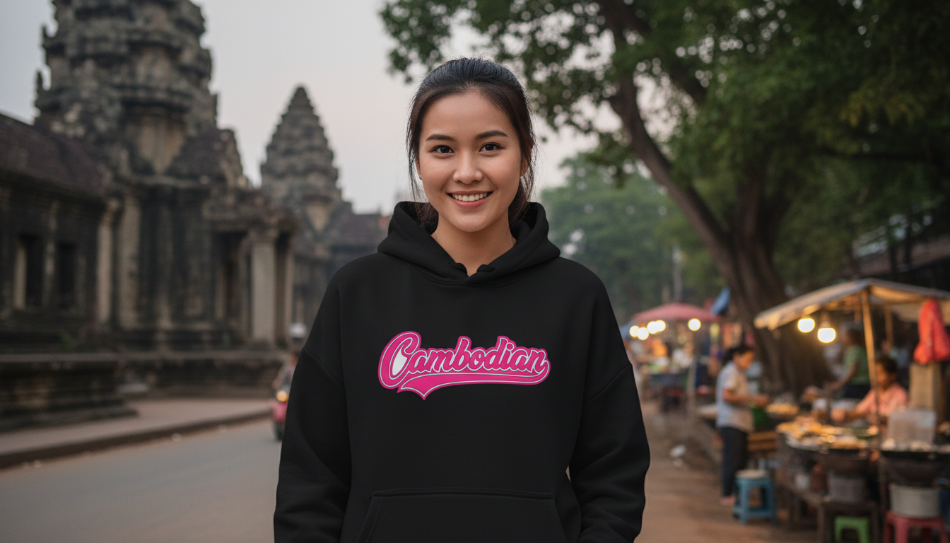 Person wearing a black hoodie with 'Cambodian' printed in pink, standing in front of Angkor Wat.