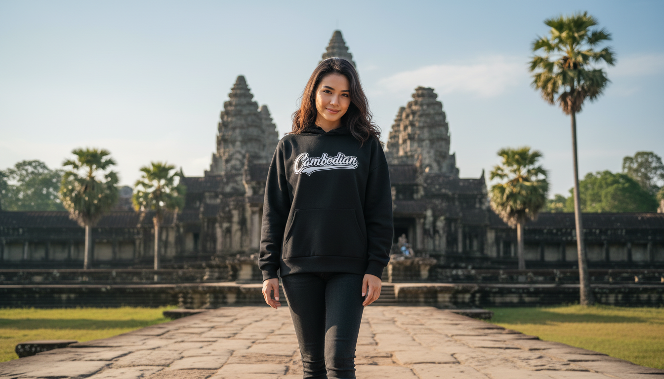 Person standing in front of Angkor Wat with a 'Cambodian' sweatshirt