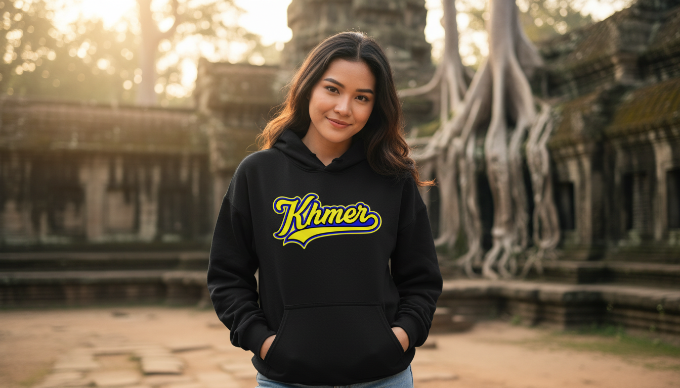 Woman wearing a black hoodie with 'Khmer' printed on it, standing in front of ancient temple ruins.
