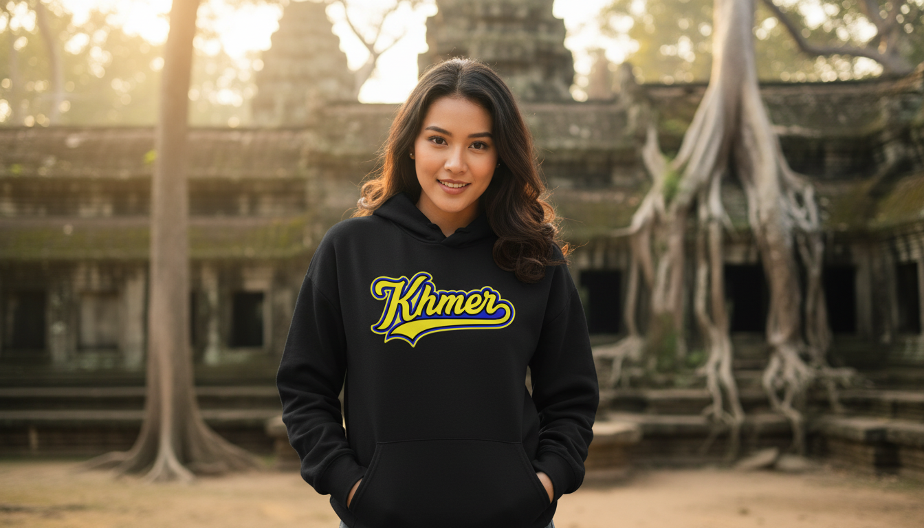 Woman wearing a black hoodie with 'Khmer' printed in yellow, standing in front of ancient temple ruins.