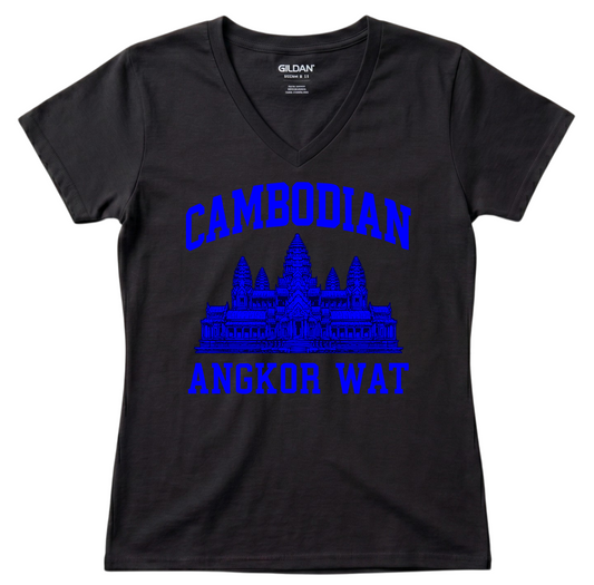 Cambodian Angkor Wat Women's V-Neck - Royal Blue Print V2