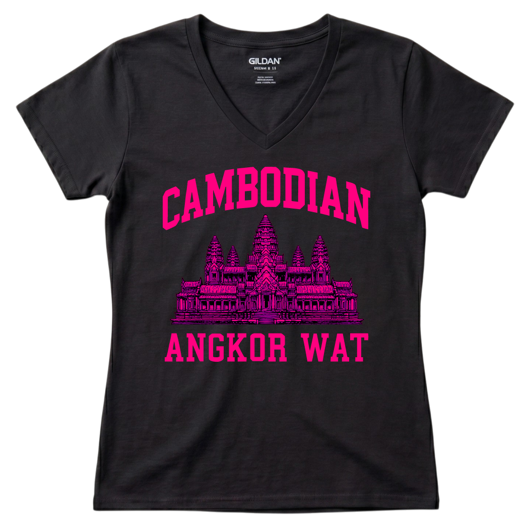 Cambodian Angkor Wat Women's V-Neck - Vibrant Pink Print V3