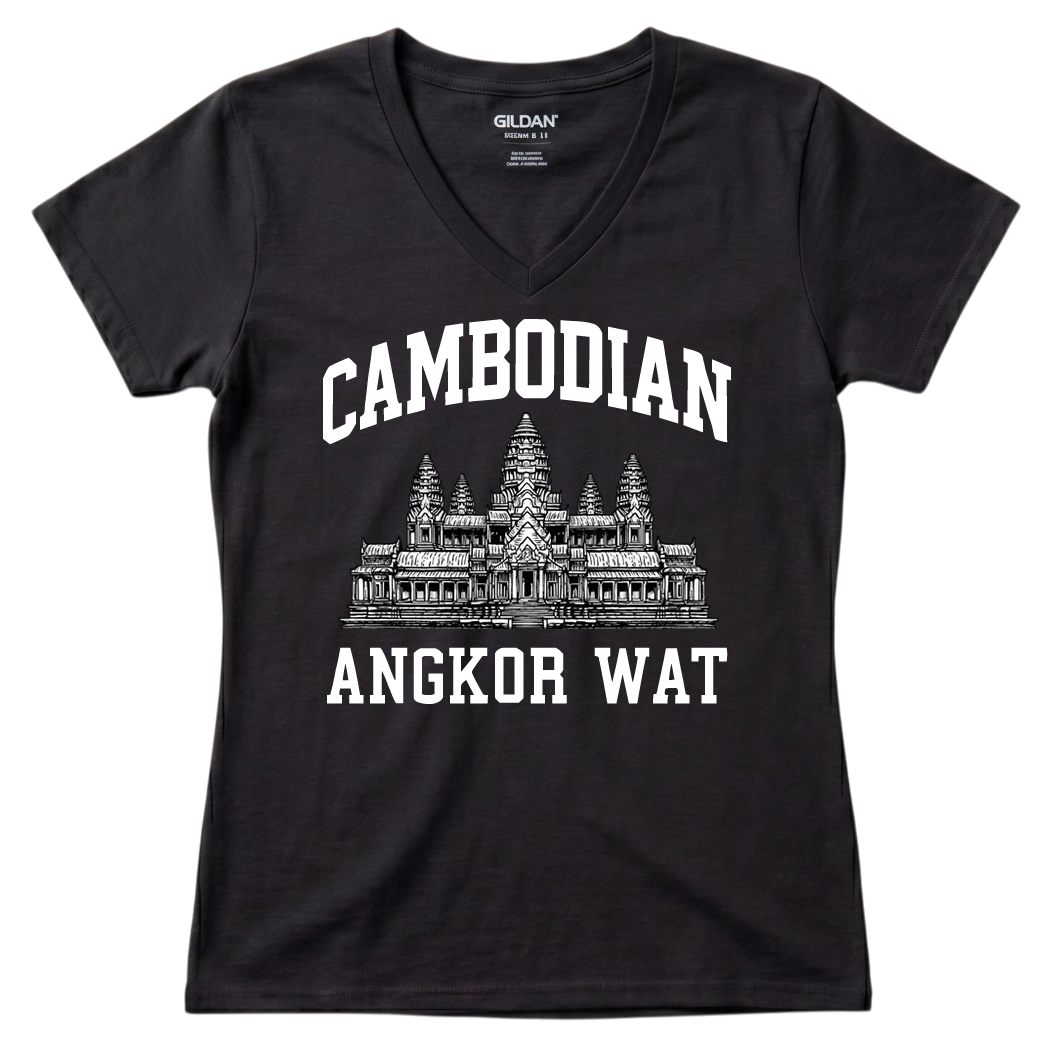 Cambodian Pride Angkor Wat Graphic V-Neck Tee - Blue V6