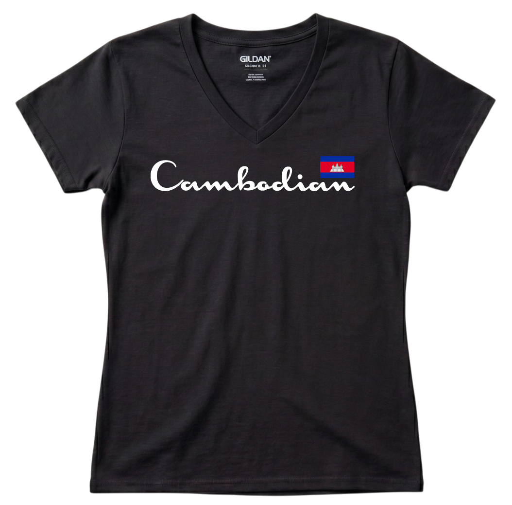 Cambodian Heritage Script Flag V-Neck Tee - Blue V7