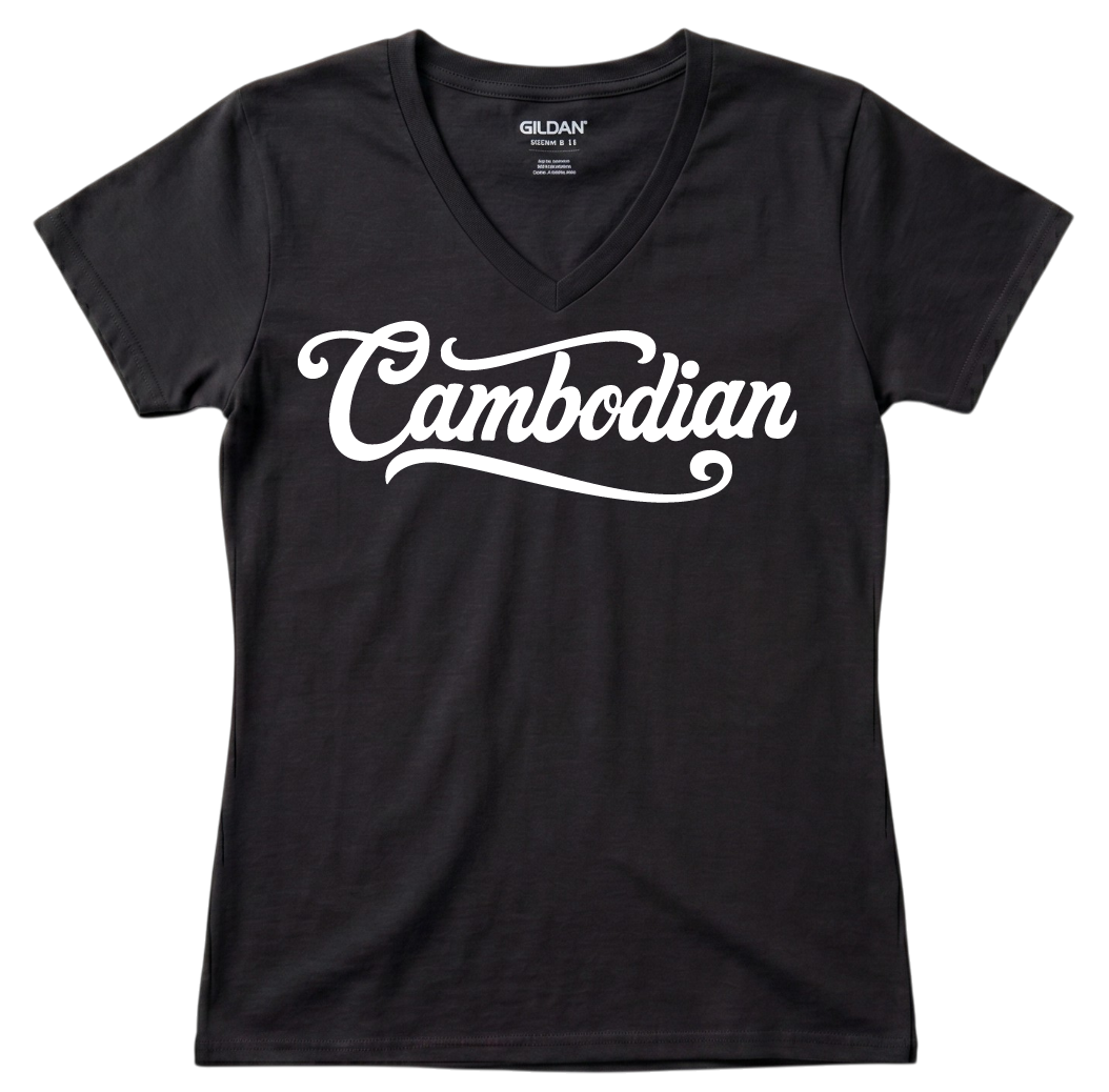 Cambodian Heritage Script Women’s V-Neck Tee – Royal Blue V10