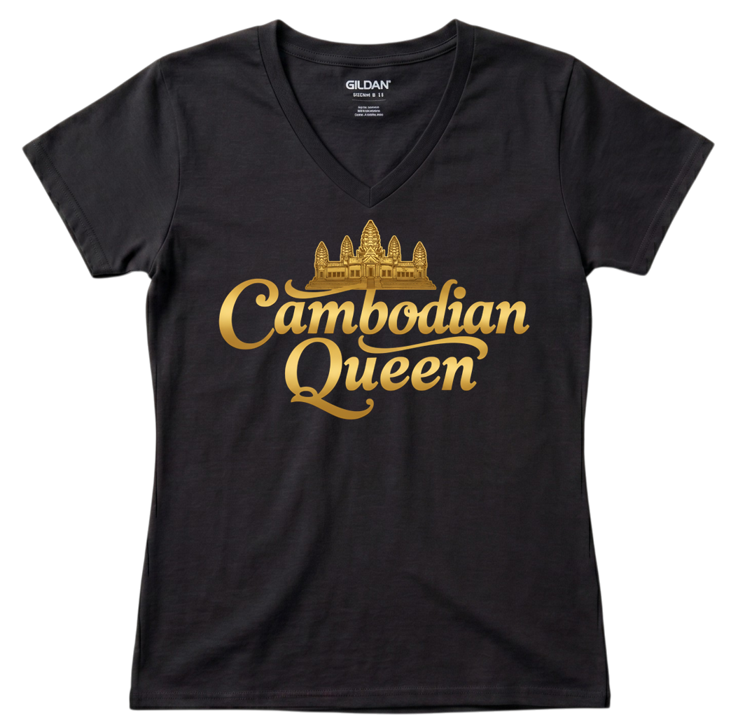Cambodian Queen Angkor Wat Women’s V-Neck Tee – Black & Gold V12