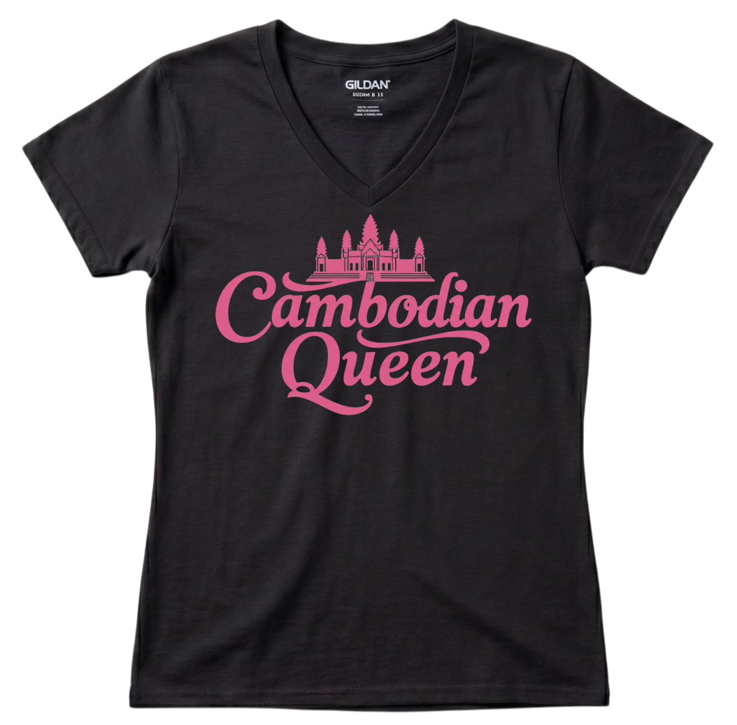 Cambodian Queen Angkor Wat Women’s V-Neck Tee – Black & Pink V15