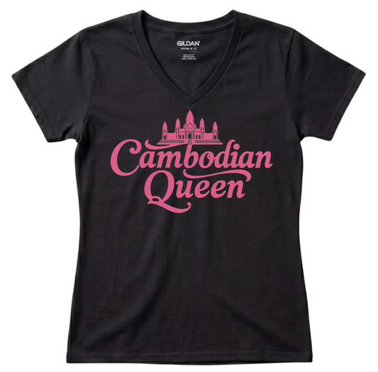 Cambodian Queen Angkor Wat Women’s V-Neck Tee – Black & Pink V15