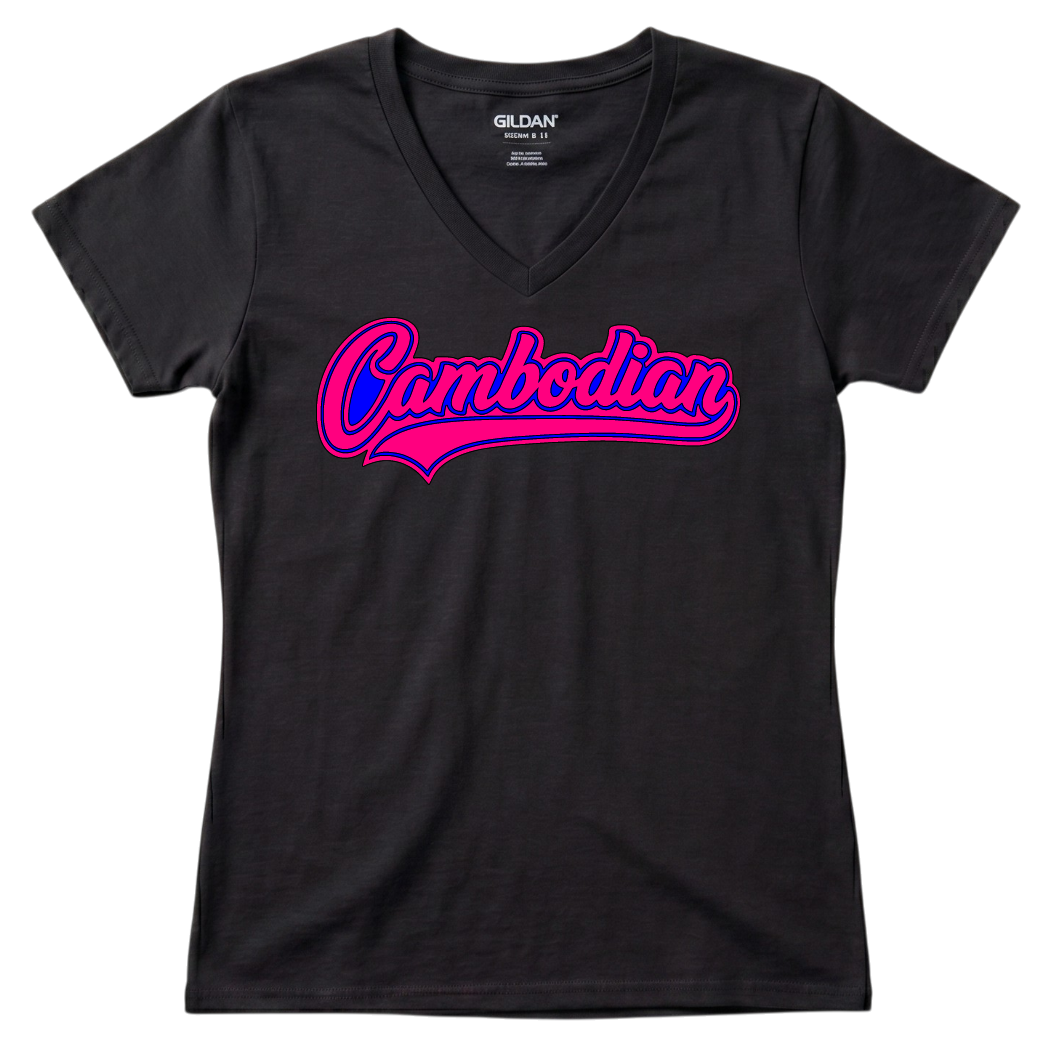 V-Neck Cambodian Pride Tee – Pink & Blue Heritage Script V17