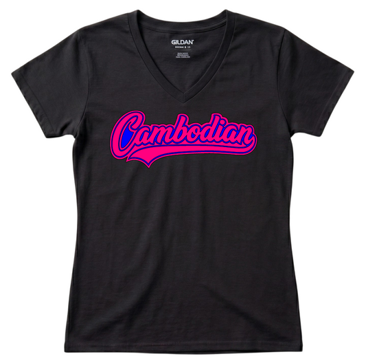 V-Neck Cambodian Pride Tee – Pink & Blue Heritage Script V17