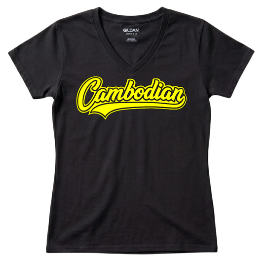 Cambodian Heritage Script Women's V-Neck T-Shirt – Black & Yellow Edition V19