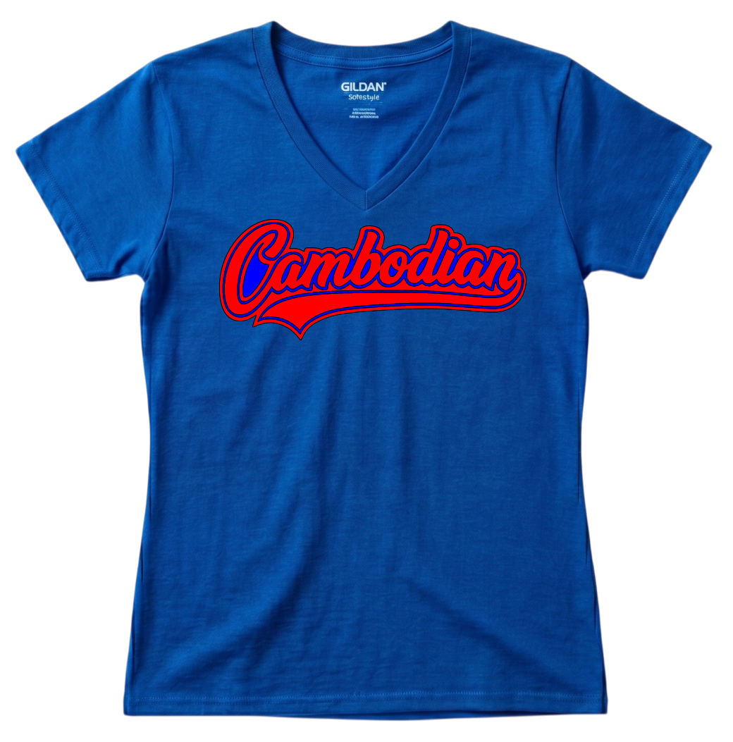 Cambodian Heritage Script Women's V-Neck T-Shirt – Red & Blue Script V18