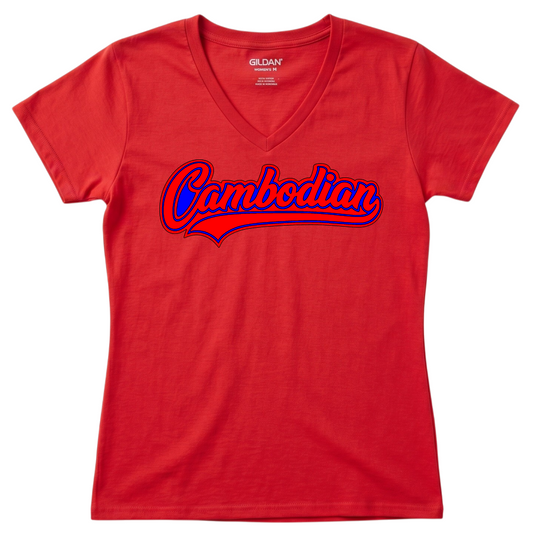 Cambodian Heritage Script Women's V-Neck T-Shirt – Red & Blue Script V18