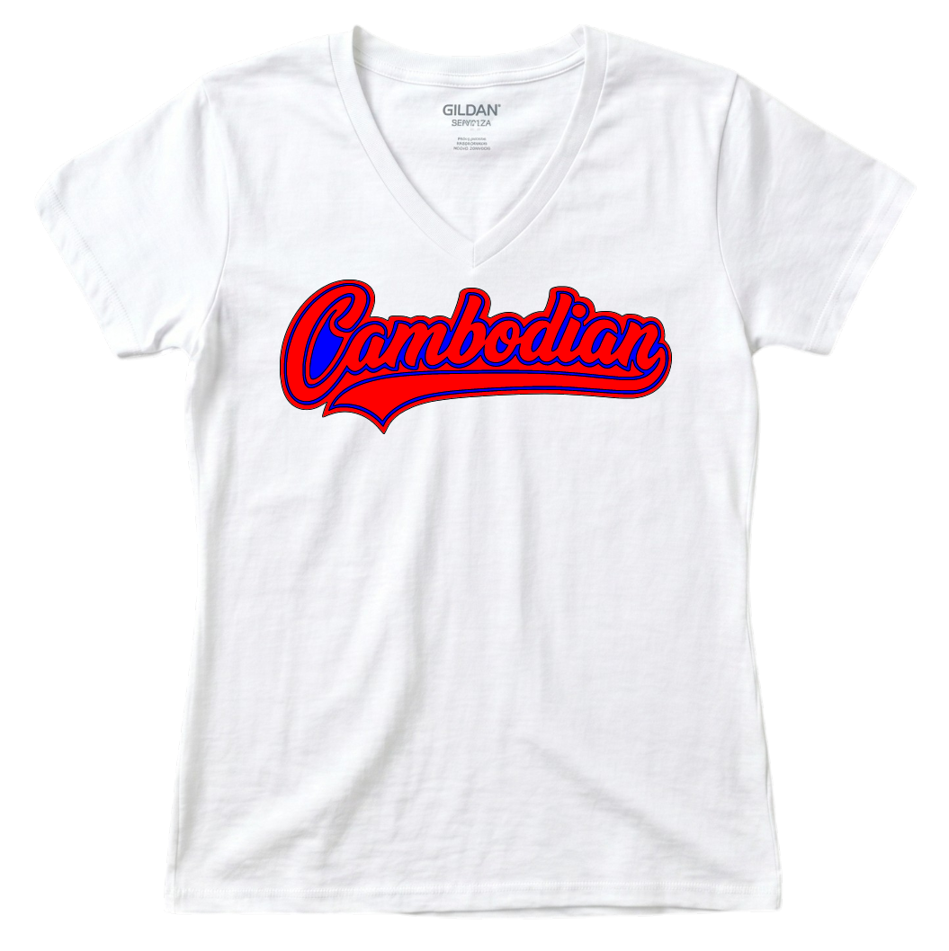 Cambodian Heritage Script Women's V-Neck T-Shirt – Red & Blue Script V18